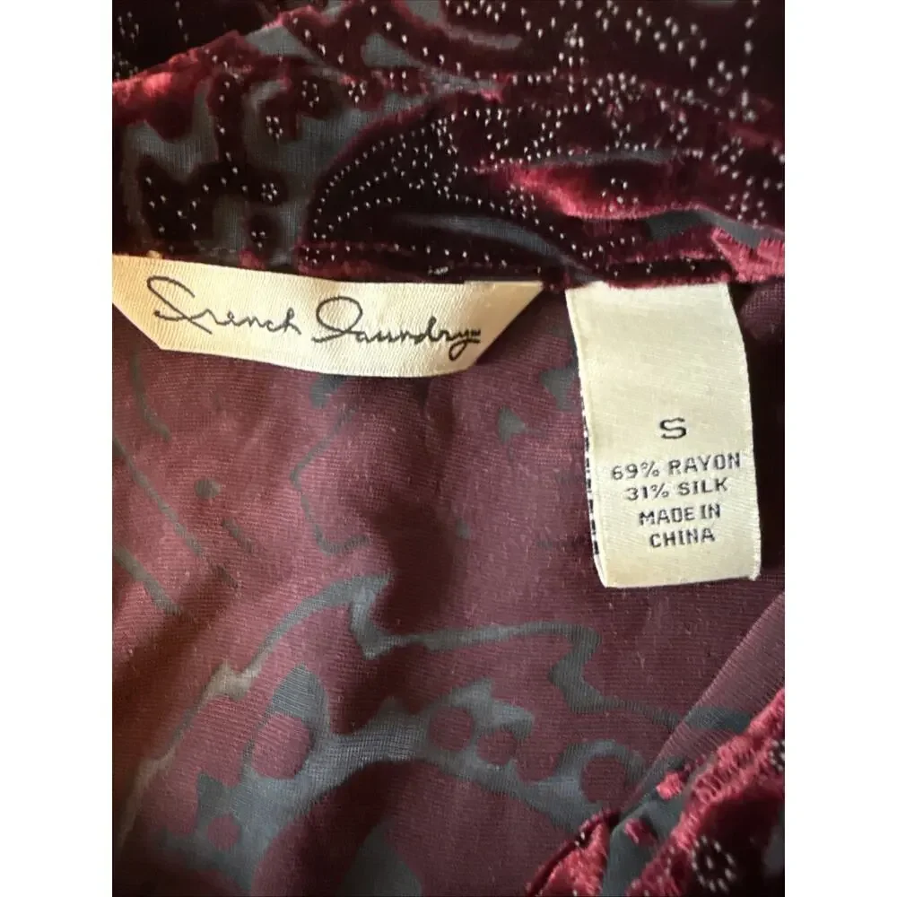 French Laundry Women’s S Whimsigoth Silk Red Velvet Burnout Button‎ Down Shirt